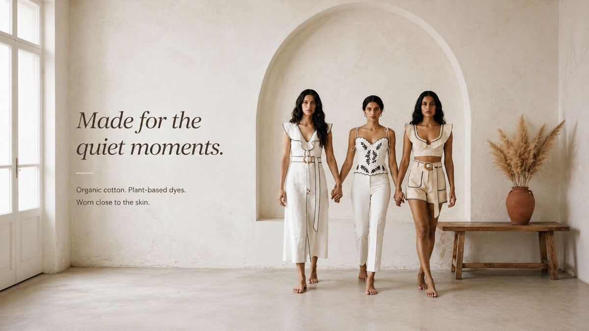 Three women wearing The Shiro Club's organic cotton, plant-dyed clothing
